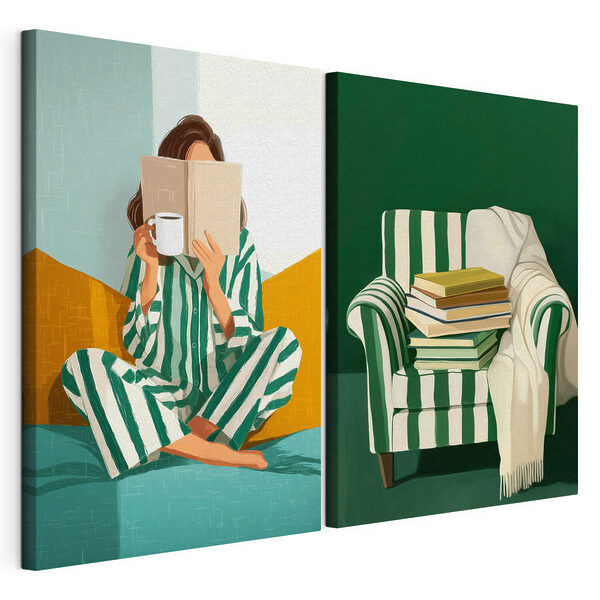 Una donna in pigiama che legge un libro e una pila di libri Stampa su tela modulare Una donna in pigiama che legge un libro e una pila di libri